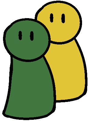 A yellow and a green figure standing next to each other.